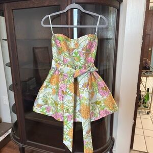 Floral Strapless Dress with Bow